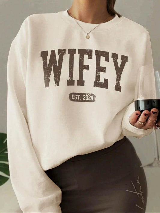 Women's Vintage Letter Print Drop Shoulder Sweatshirt, Casual Long Sleeve Round Neck Pullover for Spring & Fall, Ladies Clothes for Daily Wear