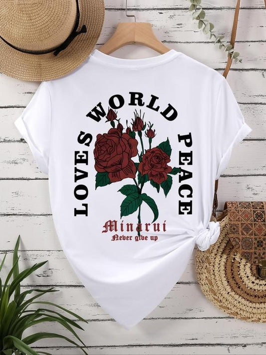 Women's Vintage Rose & Letter Print Round Neck Graphic Tee, Casual Short Sleeve T-shirt for Daily Wear, Ladies Clothes...