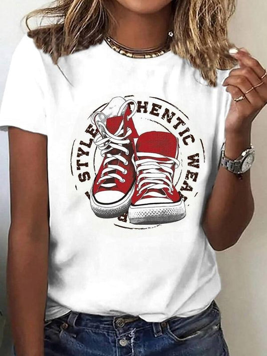 Women's Vintage Round Neck Graphic Tee, Fashion Casual Sneakers Print Crew Neck T-shirt for Daily Holiday Vacation Outdoor Wear, Ladies Clothes for Summer, Top