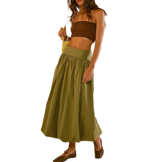 Women's Y2K Bubble Maixi Skirt Casual Loose Fitting Elastic High Waist Solid Color Pleated Ruffle Flared Puffball Skirt Summer Spring Ankle Length A-Line Skirt Streetwear