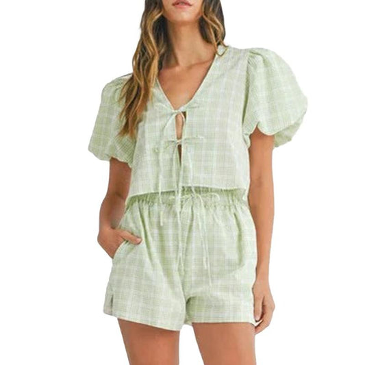 Women y2K 2 Piece Lounge Set Casual Outfits Set Pj Set 2 Piece Pajamas Set Plaid Tie Front Short Sleeves Tops Baggy Boxer Shorts Srt