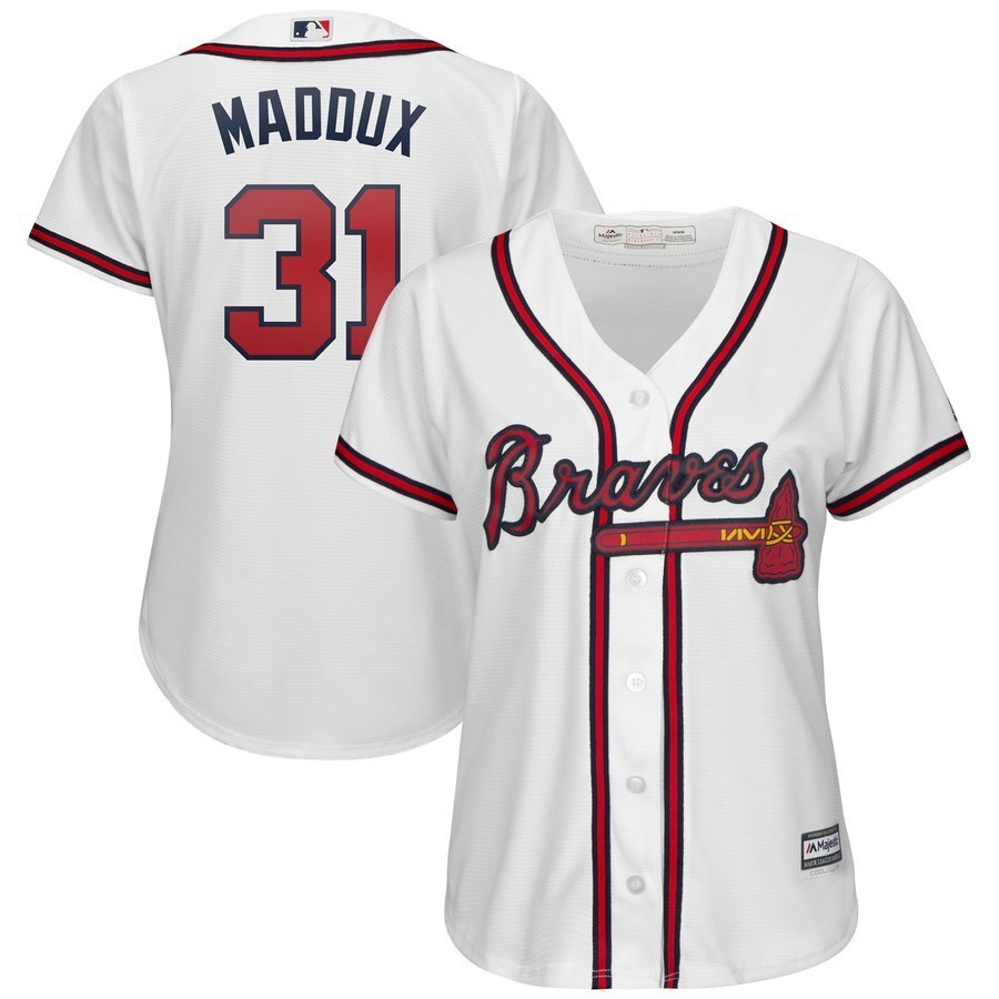 Women Atlanta Braves #31 Greg Maddux Majestic 2019 Home Cool Base Player Jersey – White