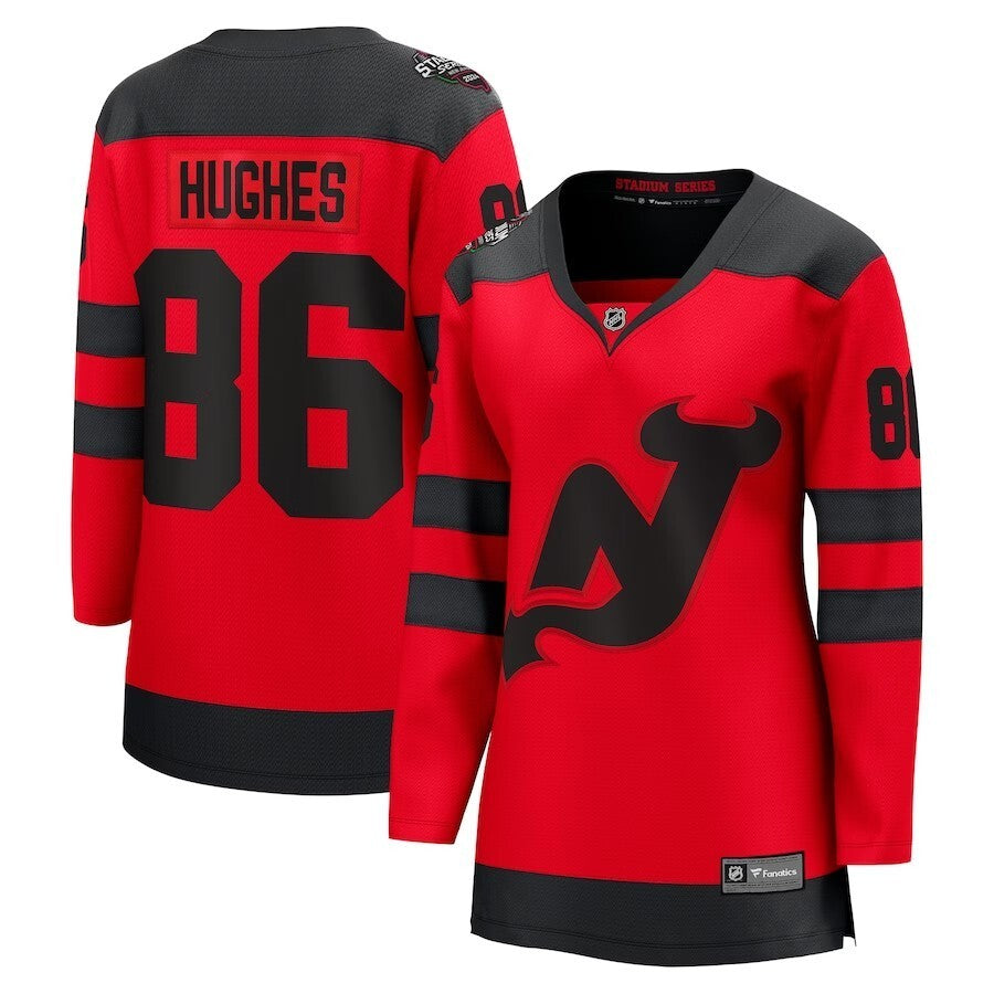 Women New Jersey Devils #86 Jack Hughes Branded 2024 NHL Stadium Series Breakaway Player Jersey – Red Style 2