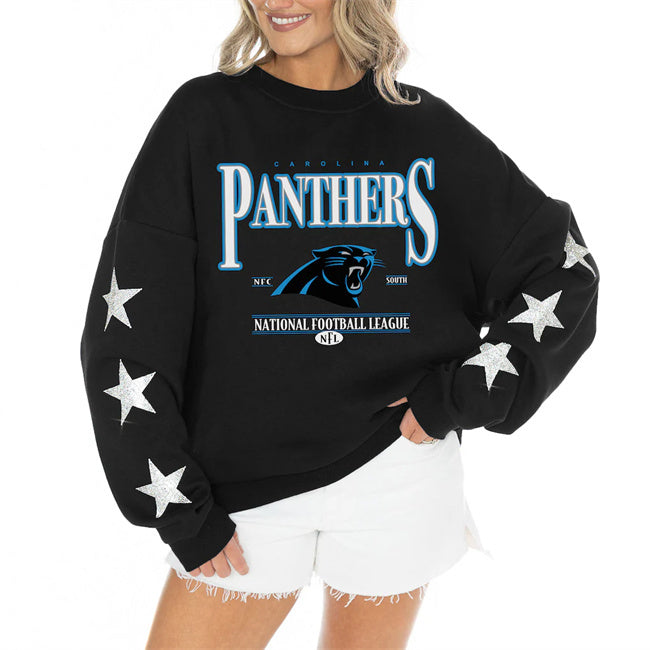 Women's Carolina Panthers Gameday Couture Black Rhinestone Star Sleeve Settle