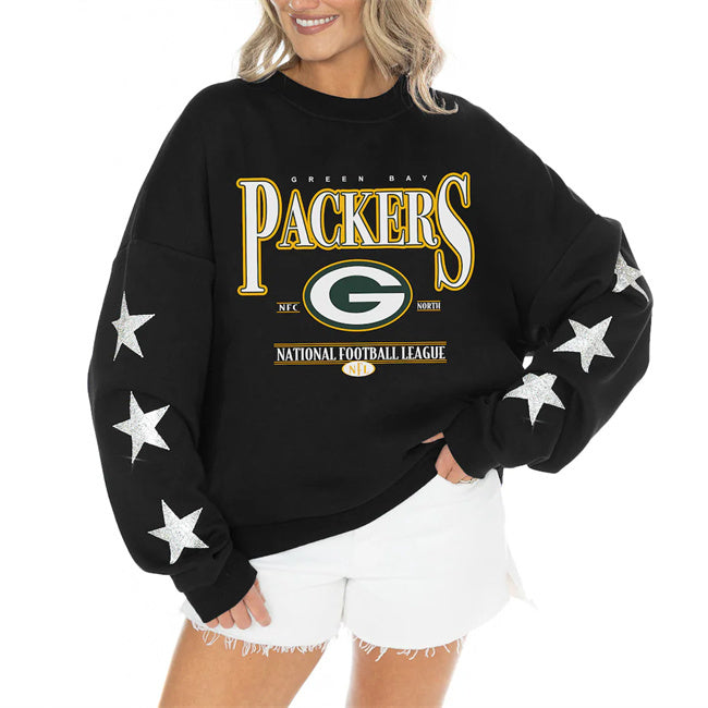 Women's Green Bay Packers Gameday Couture Black Rhinestone Star Sleeve Settle