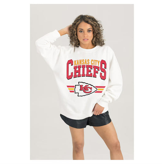Women's Kansas City Chiefs Gameday Couture White Sunday Drives Oversized Crewneck