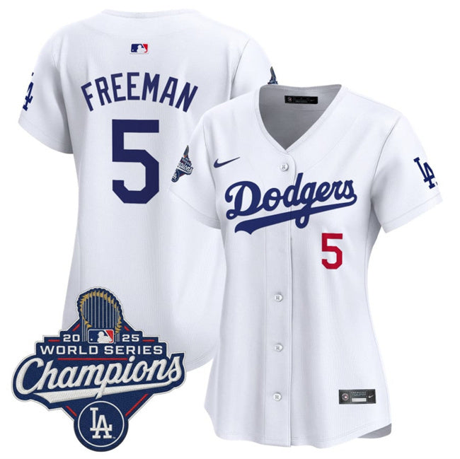 Women's Los Angeles Dodgers #5 Freddie Freeman White 2025 World Series Champions Home