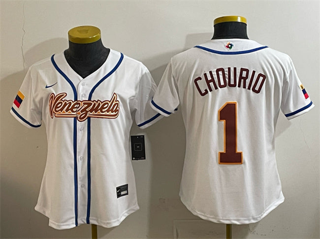 Women's Venezuela Baseball #1 Jackson Chourio White 2026 World Baseball Classic Home