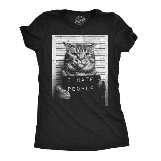 Womens  Funny T Shirts I Hate People Cat Mugshot Sarcastic Graphic Novelty Tee For Ladies Funny Womens T Shirts Cute Slimming Top Comfortable Soft Womenswear Sarcastic Tops for Women Funny Cat Top Black -
