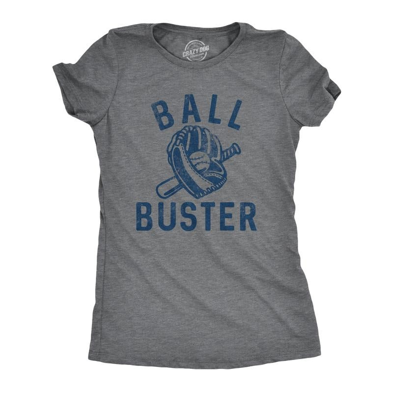 Womens Ball Buster T Shirt Funny Sarcastic Baseball Bat Joke Tee for Ladies Funny Womens T Shirts Cute Slimming Top Comfortable Soft Womenswear Sarcastic Tops for Women Funny Baseball Top Women's Dark Grey
