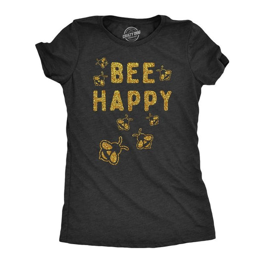 Womens Bee Happy Glitter T Shirt Cute Earth Day Bee Graphic Novelty Tee for Ladies Funny Womens T Shirts Cute Vintage Fashion T-Shirt Black