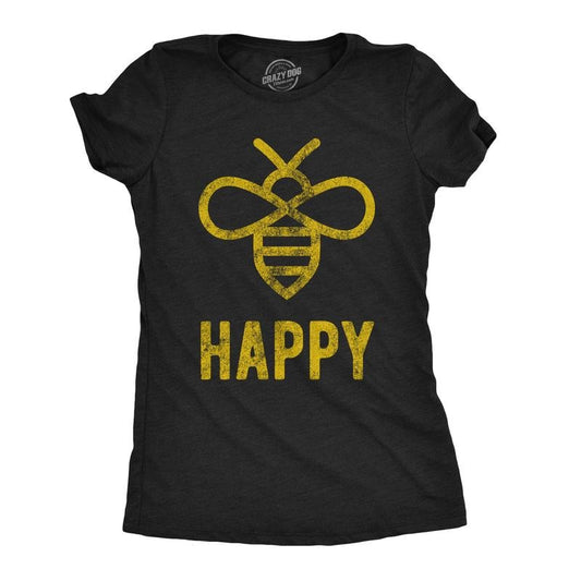 Womens Bee Happy T shirt Funny Vintage Graphic Honey Bumblebee Dad Joke Humor Funny Womens T Shirts Cute Slimming Top Comfortable Soft Womenswear Environmental Tops for Women Funny Animal Top Women's Black -