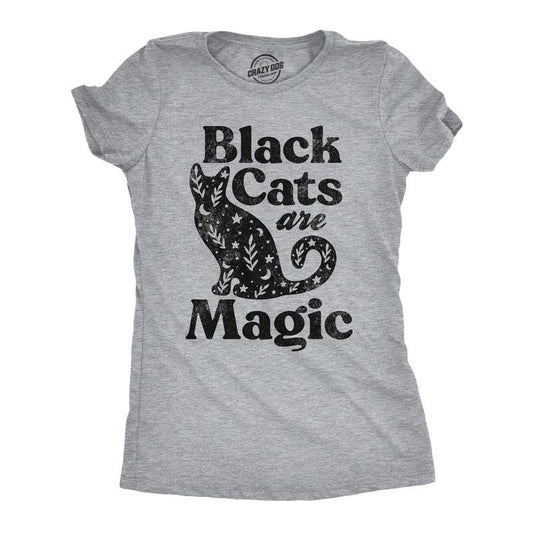 Womens Black Cats Are Magic T Shirt Cute Kitten Lovers Graphic Novelty Tee Halloween Top Funny Womens T Shirts Cute Slimming Top Comfortable Soft Womenswear Halloween Tops for Women Funny Cat Top Light Grey