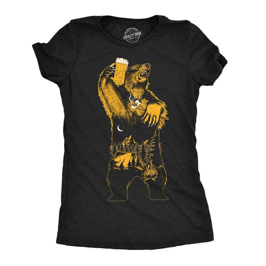 Womens Camping Party Bear T Shirt Funny Outdoor Drinking Partying Nature Lovers Tee For Ladies Funny Womens T Shirts Cute Slimming Top Comfortable Soft Womenswear Drinking Tops for Women Funny Camping Black -