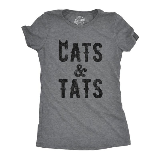 Womens Cats and Tats T shirt Funny Tatoo Graphic Cat Dad Saying Hilarious Funny Womens T Shirts Cute Slimming Top Comfortable Soft Dark Grey