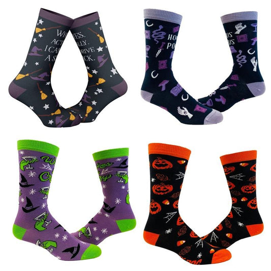 Womens Cute Witch Socks Bundle 4 Pack Socks With Funny Graphics For Ladies Funny Graphic Socks Comfortable Fitted Spandex Cotton