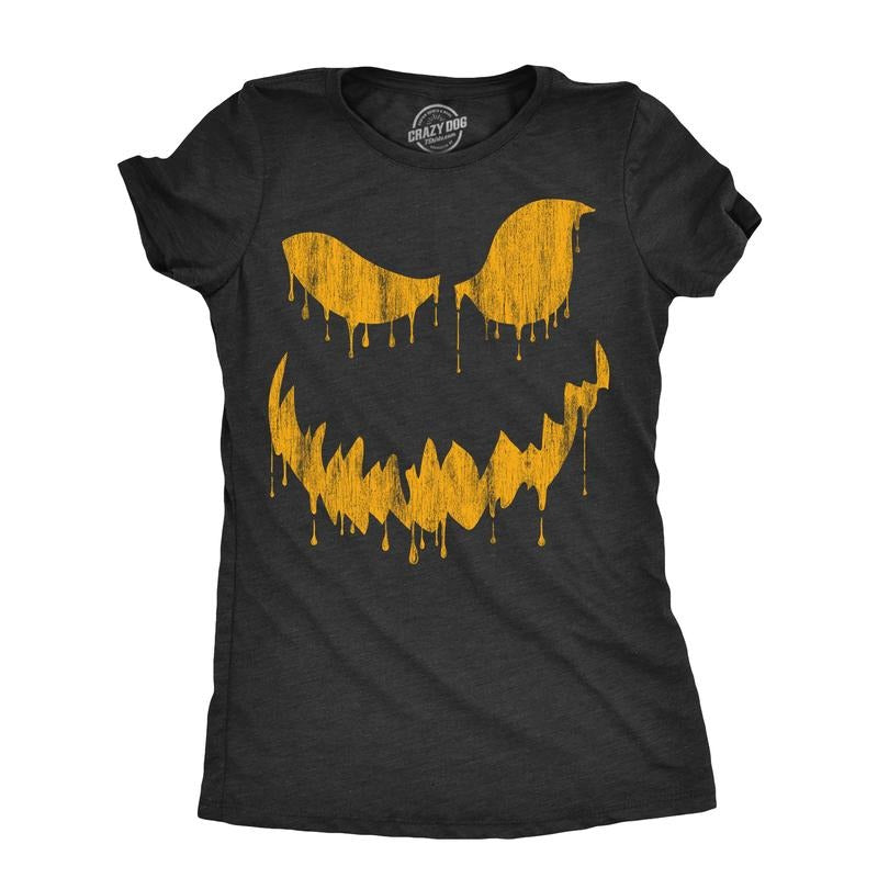 Womens Drippy Dan Pumpkin T Shirt Funny Halloween Jack O Lantern Creepy Smile Tee For Ladies Funny Womens T Shirts Cute Slimming Top Comfortable Soft Womenswear Halloween Tops for Women Women's Black - M