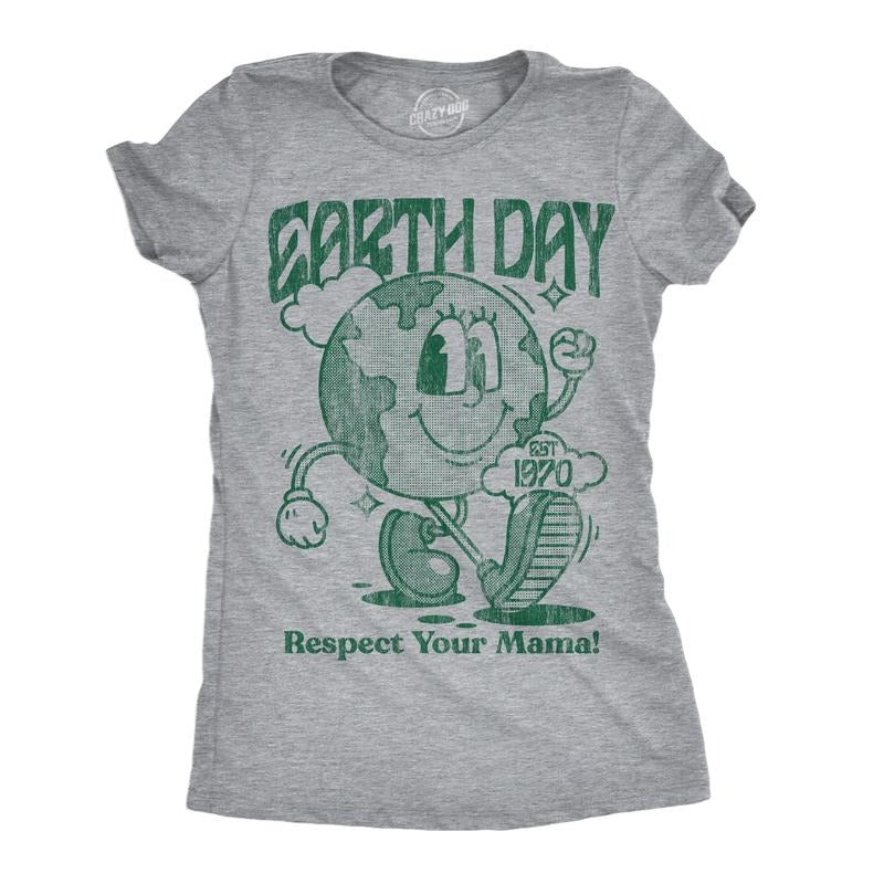 Womens Earth Day Respect Your Mama Funny T Shirts Sarcastic Tee for Ladies Funny Womens T Shirts Cute Slimming Top Comfortable Soft Womenswear Funny Environmental Top Women's Novelty Tees Light Grey