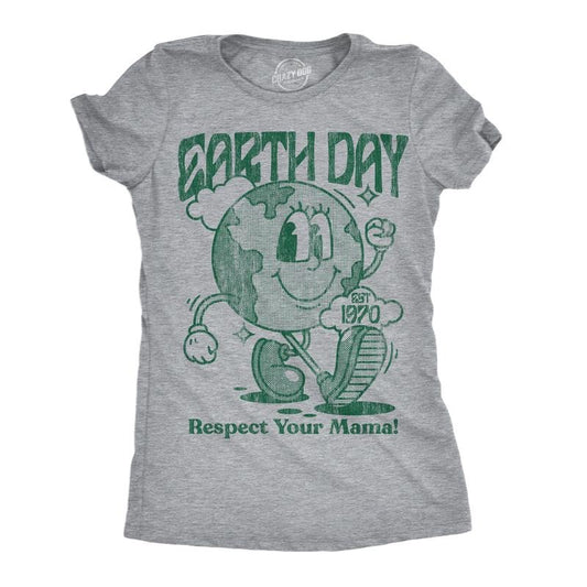 Womens Earth Day Respect Your Mama Funny T Shirts Sarcastic Tee for Ladies Funny Womens T Shirts Cute Slimming Top Comfortable Soft Womenswear Funny Environmental Top Women's Novelty Tees Light Grey