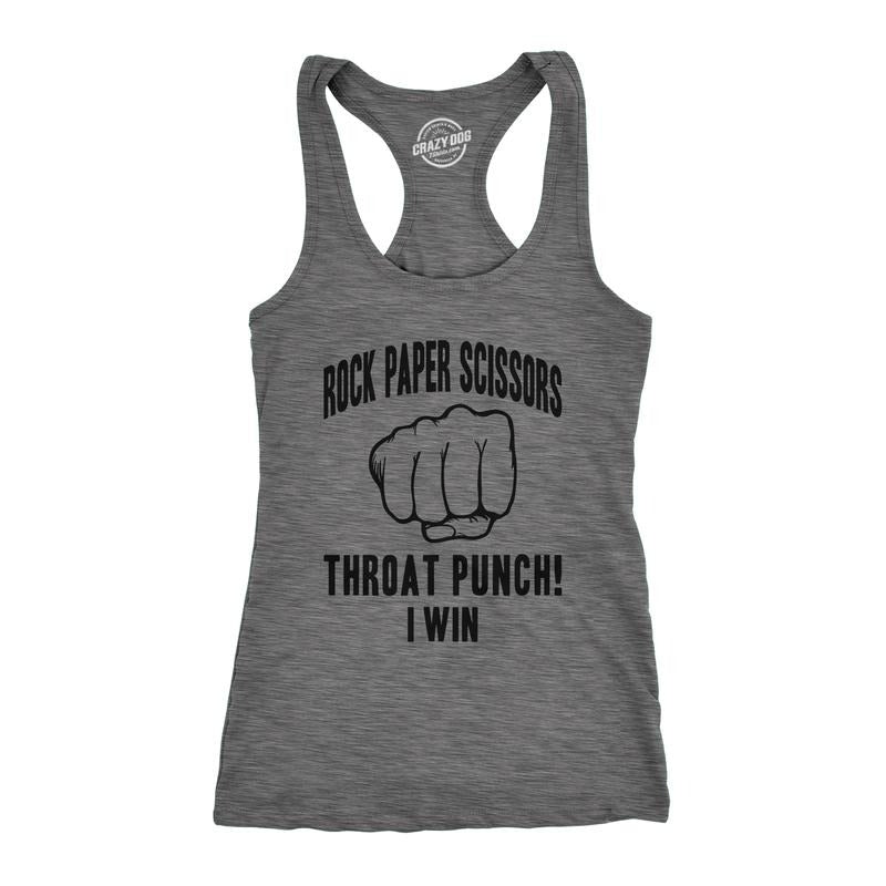 Womens Fitness Tank Rock Paper Scissors Throat Punch Tanktop Funny Sarcastic Humor Shirt Funny Racerback Tank Cute Slimming Tank tops Dark Grey