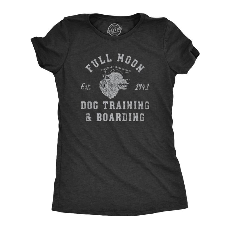 Womens Full Moon Dog Training and Boarding T Shirt Funny Halloween Werewolf Tee for Ladies Funny Womens T Shirts Cute Slimming Top Black -