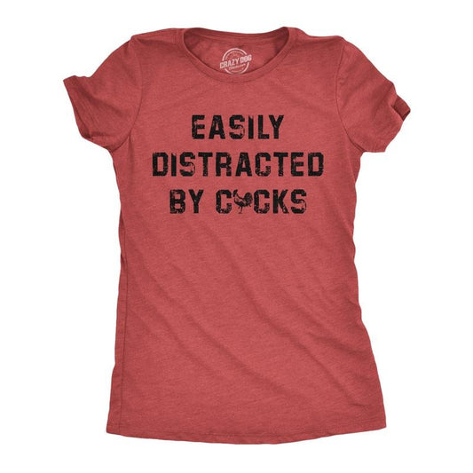 Womens Funny T Shirts Easily Distracted By Cocks Sarcastic Rooster Graphic Novelty Tee For Ladies Funny Womens T Shirts Cute Slimming Top Comfortable Soft Womenswear Adult Humor Tops for Women Funny Red -
