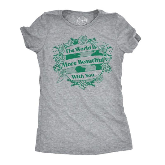 Womens Funny T Shirts The World Is More Beautiful With You Cute Graphic Novelty Tee For Ladies Funny Womens T Shirts Cute Slimming Top Comfortable Soft Womenswear Funny Motivational Top Women's Light Grey
