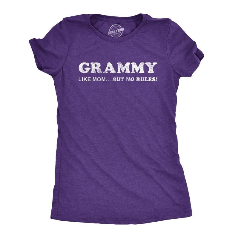 Womens Grammy Like Mom But No Rules T Shirt Funny Grandmother Tee Funny Womens T Shirts Cute Slimming Top Comfortable Soft Womenswear Purple