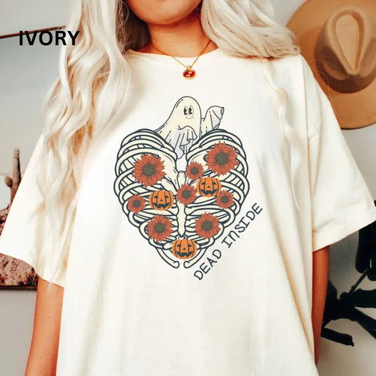 Womens Graphic Halloween Shirt,  Dead Inside heart Shirt, Spooky Ghost Shirt, Fall shirt, Comfort Colors Halloween Shirt, Casual Shirt Unisex, Halloween Clothing, Graphic Halloween Apparel, Casual Cotton T-shirt, Unisex Halloween