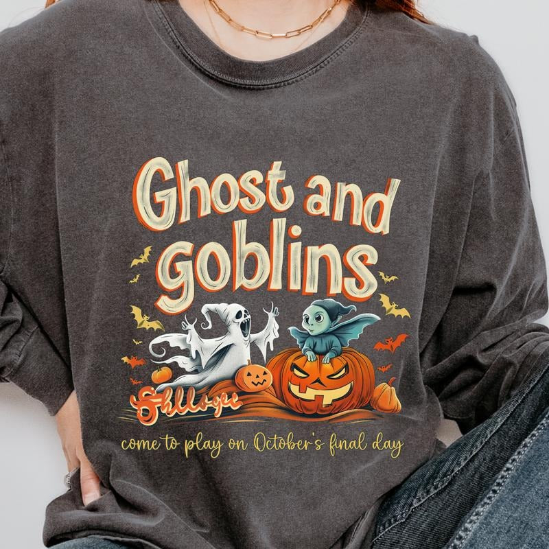 Womens Graphic Halloween Shirt, Ghosts and Goblins Shirt, Spooky Season Graphic shirt, Halloween Unisex Cotton T-shirt, Oversized Halloween Fall