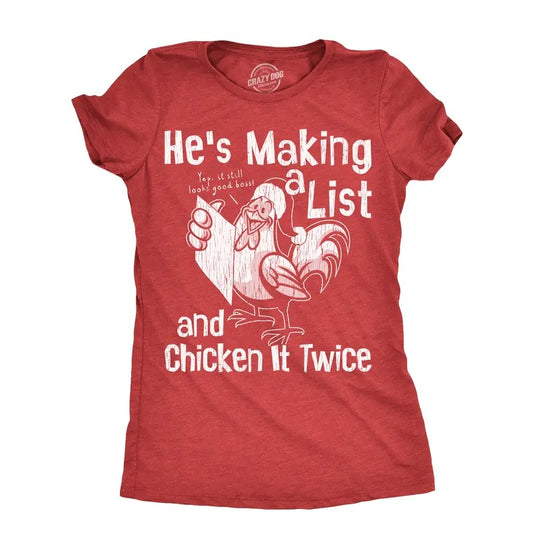 Womens Hes Making A List And Chicken It Twice T Shirt Funny Xmas Rooster Santa Joke Tee For Ladies Funny Womens T Shirts Cute Slimming Top Comfortable Soft Womenswear Christmas Tops for Women Funny Red -