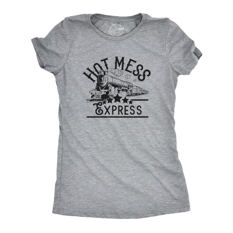 Womens Hot Mess Express T Shirt Funny Train Hangover Novelty Party Tee Funny Womens T Shirts Cute Slimming Top Comfortable Soft Womenswear Sarcastic Tops for Women Funny Drinking Top Women's Novelty Light Grey