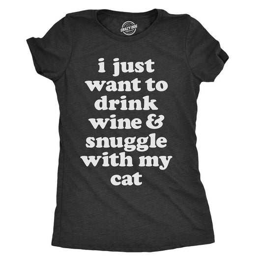 Womens I Just Want To Drink Wine And Snuggle With My Cat T shirt Funny Pet Mom Funny Womens T Shirts Cute Slimming Top Comfortable Soft Womenswear Wine Tops for Women Funny Cat Top Women's Novelty Black