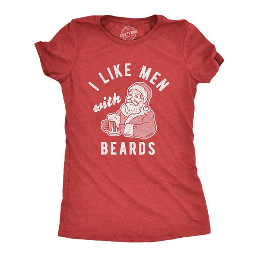 Womens I Like Men With Beards T Shirt Funny Christmas Santa Claus Beer Graphic Tee Funny Womens T Shirts Cute Slimming...