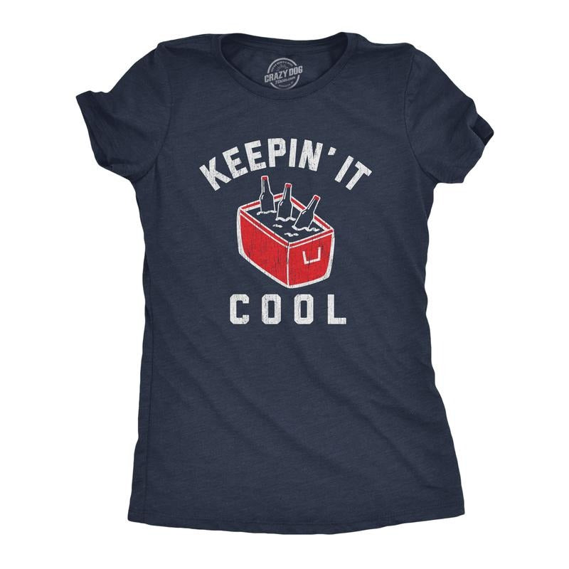 Womens Keepin It Cool T Shirt Funny Beer Cooler Ice Chest Summer Grilling Graphic Tee Funny Womens T Shirts Cute Slimming Top Comfortable Soft Womenswear Funny Beer Top Women's Novelty Tees Navy