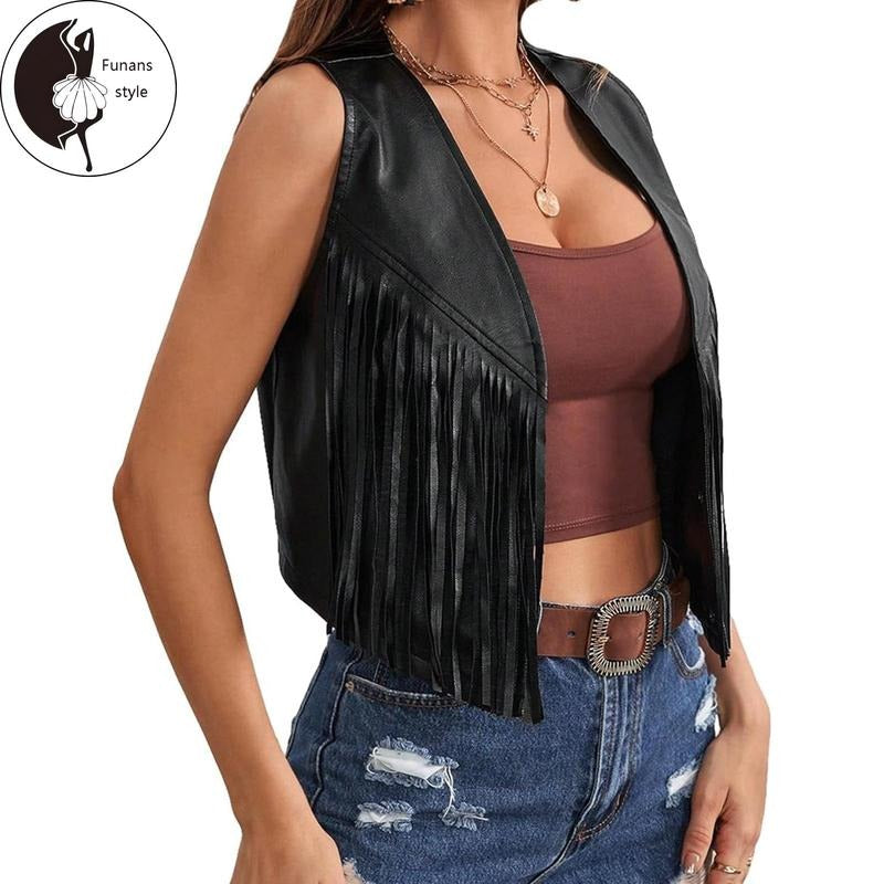 Womens Leather Tassel Vest 70s Hippie Costume Sleeveless Cowgirl Western Outerwear T-Shirts, Hoodie, Sweatshirt