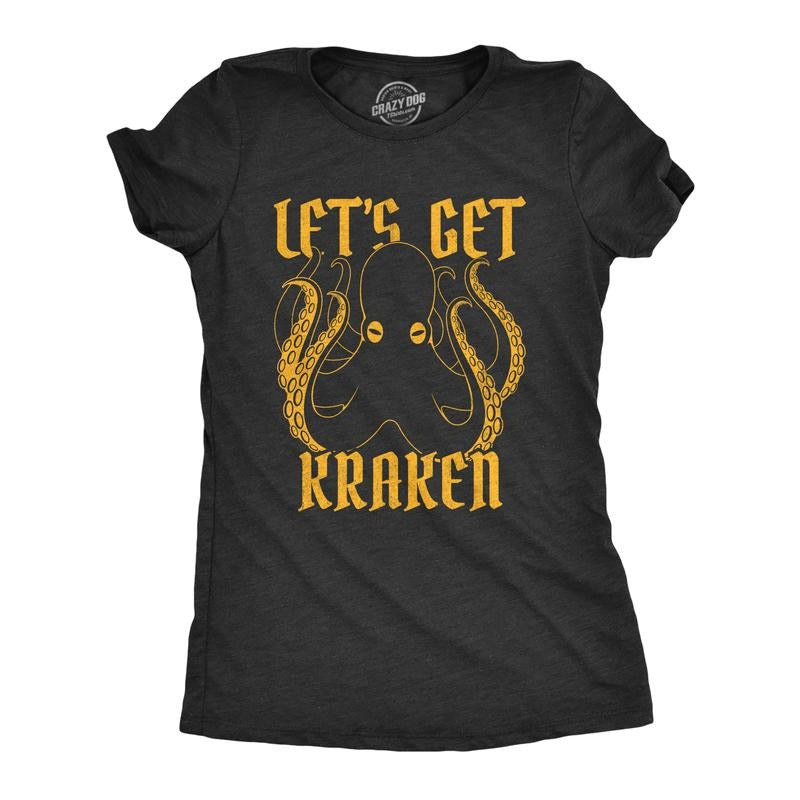 Womens Let's Get Kraken T Shirt Funny Mythical Octopus Novelty Graphic Tee Funny Womens T Shirts Cute Slimming Top Comfortable Soft Black