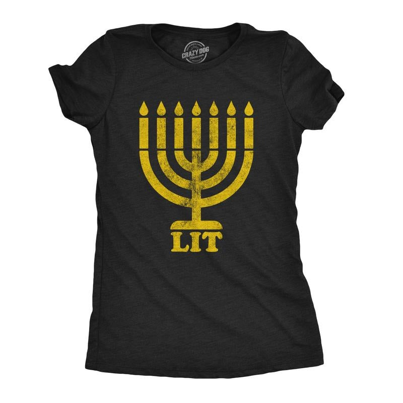 Womens Lit Menorah T Shirt Funny Hanukkah Jewish Holiday Novelty Tee Funny Womens T Shirts Cute Slimming Top Comfortable Soft Womenswear  Tops for Women Funny Meme Top Women's Novelty Tees Black