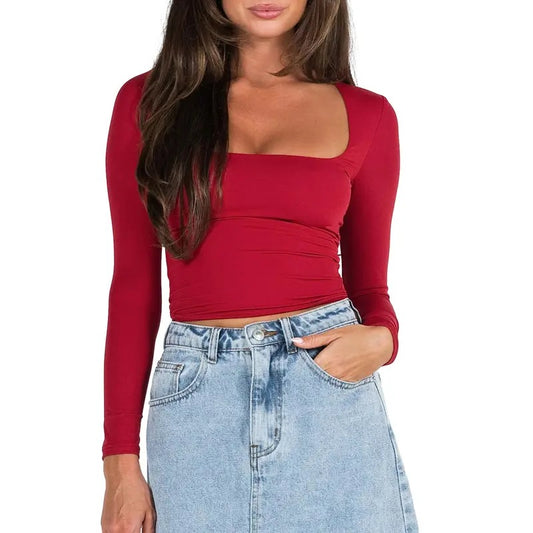 Womens Long Sleeve Square Neck Shirts  Fashion Low Cut Solid Color Slim Fit Tees Casual Basic Y2K Crop Tops