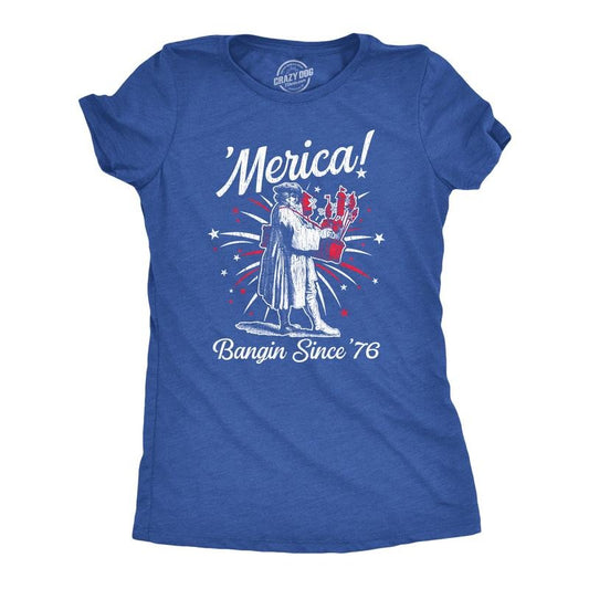 Womens Merica Banging Since 76 T Shirt Funny Fourth Of July American Fireworks Tee for Ladies Funny Womens T Shirts Cute Slimming Top Comfortable Soft Womenswear Patriotic Tops for Women Women's Royal -