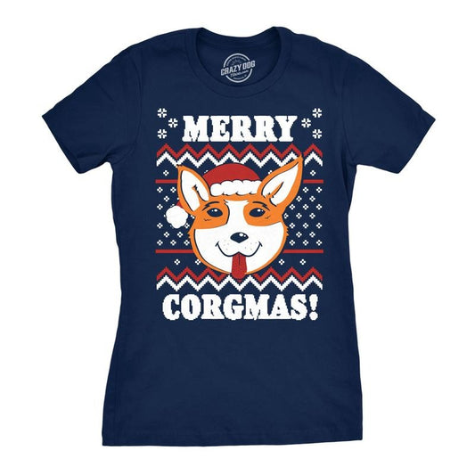 Womens Merry Corgmas Corgi Dog Mom Ugly Christmas Sweater Gift T shirt Funny Funny Womens T Shirts Cute Slimming Top Comfortable Soft Womenswear Christmas Tops for Women Funny Dog Top Women's Novelty Navy