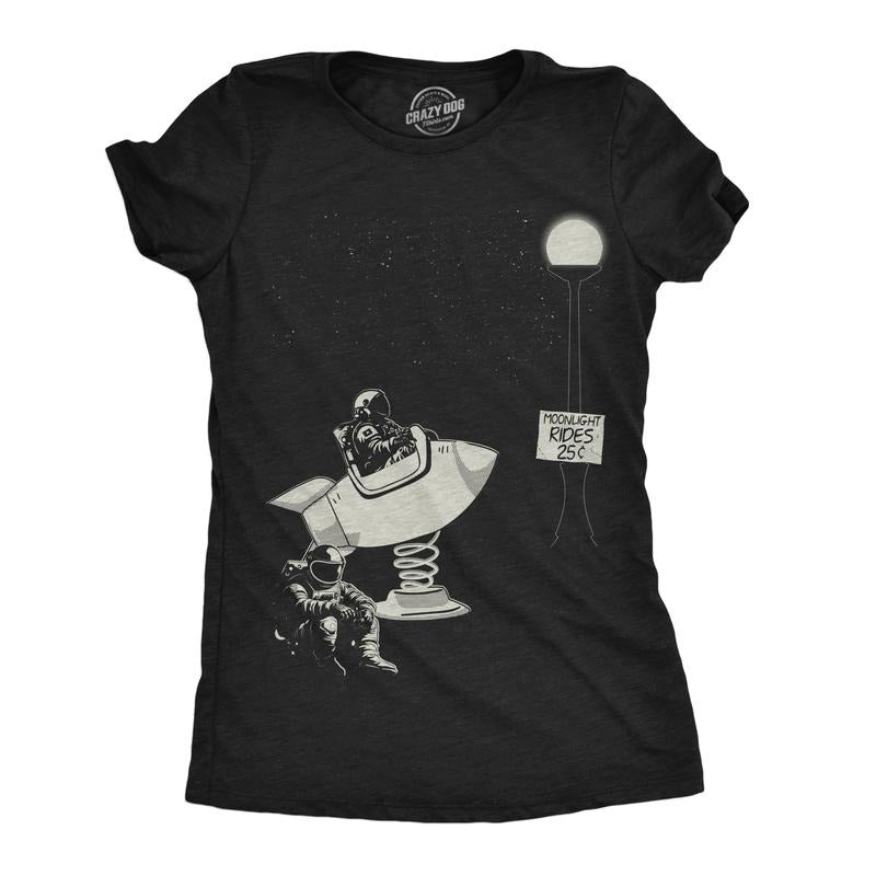 Womens Moonlight Rides Funny T Shirts Sarcastic Space Grpahic Tee For Ladies Funny Womens T Shirts Cute Slimming Top Comfortable Soft Womenswear Space Tops for Women Funny Sarcastic Top Women's Black -