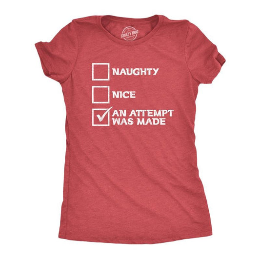 Womens Naughty Nice An Attempt Was Made T Shirt Funny Christmas Santa's List Novelty Tee Funny Womens T Shirts Cute Slimming Top Comfortable Soft Womenswear Christmas Tops for Women Women's Novelty Red