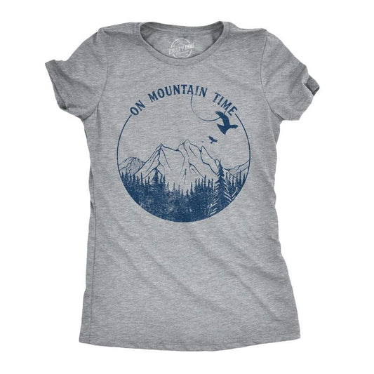 Womens On Mountain Time T Shirt Cute Outdoor Camping Tee For Ladies Funny Womens T Shirts Cute Slimming Top Comfortable Soft Womenswear Funny Camping Top Women's Novelty Tees Light Grey