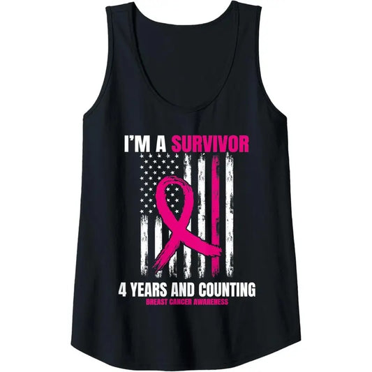 Womens Pink Breast Cancer Survivor Gifts 4 Years Free American Flag Tank Top made in USA