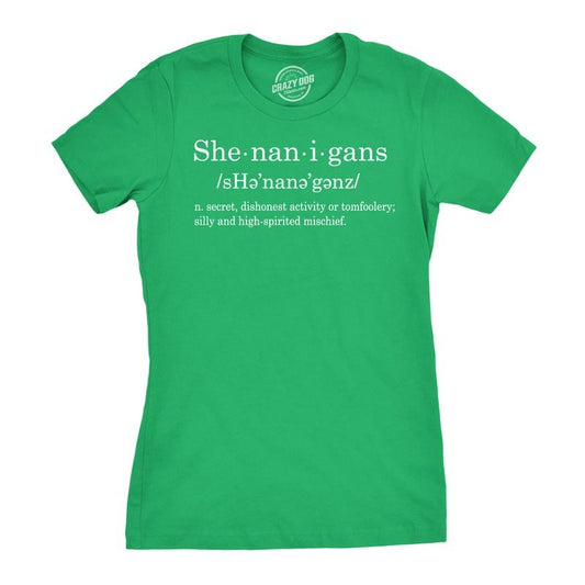Womens Shenanigans Definition T Shirt Funny Saint Patricks Day St Patty Shamrock Funny Womens T Shirts Cute Slimming Top Comfortable Green