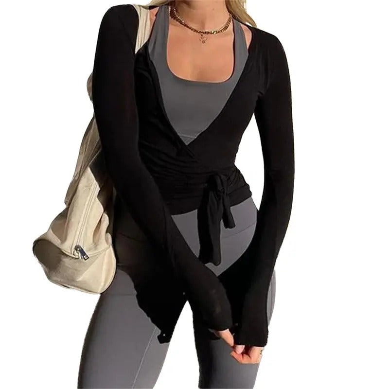 Womens Wrap Top Ballet Cover Up Cross Tie Long Sleeve Deep V Neck Blouse Shirt Fitted Yoga Workout Wrap Top Pilates...
