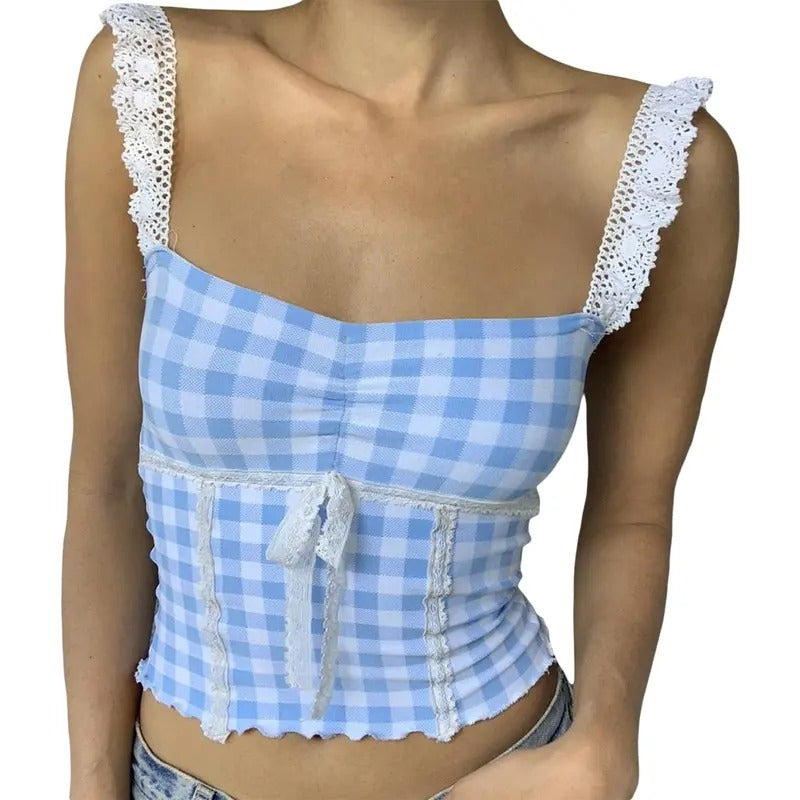Womens Y2K girls Gingham Camisole Top Coquette Plaid Spaghetti Strap Backless Tank Top Fairy Peplum Babydoll Crop Top Party Streetwear