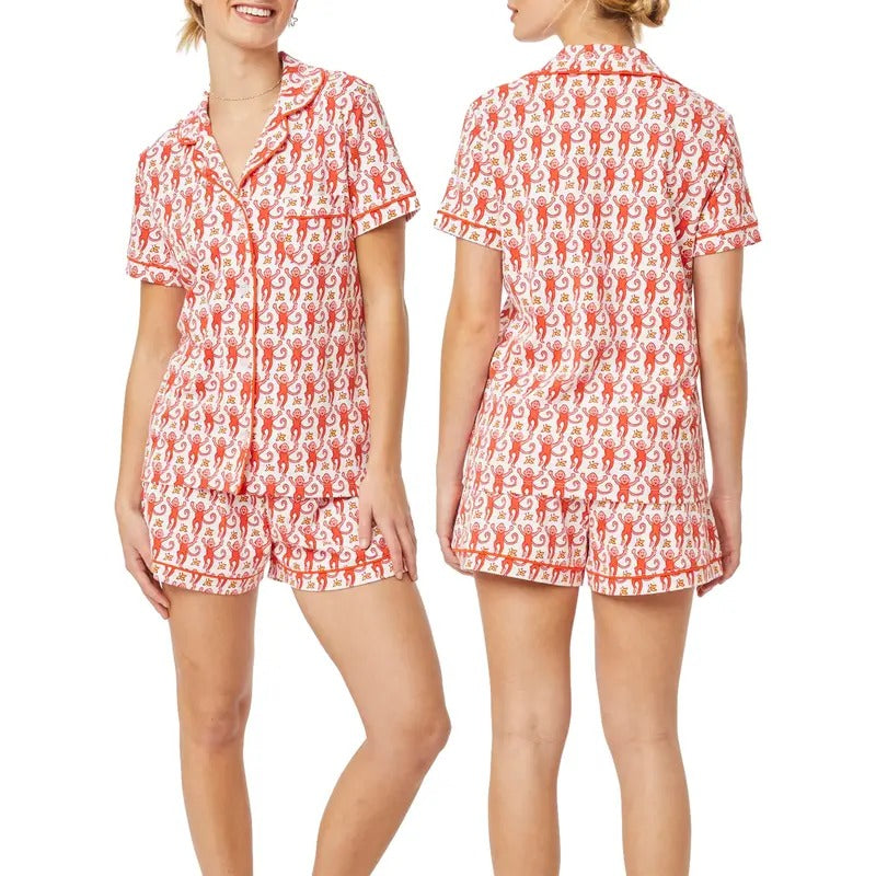 Womens Y2k Cute Pajamas Set 2 Piece Button Down Monkey Shorts Set Ugly Preppy Loungewear Pjs Jammies Slumber Party Loung Set