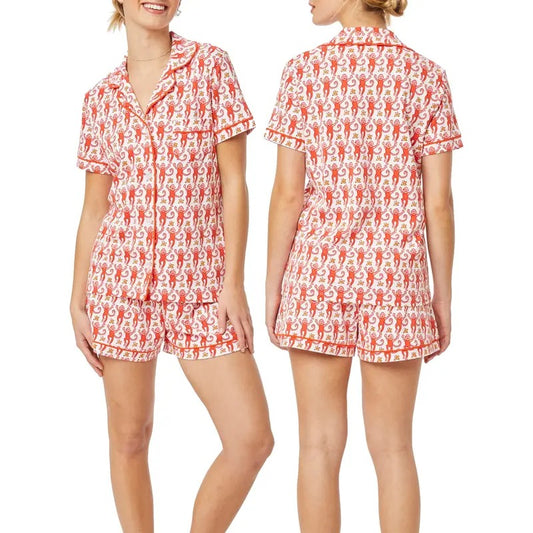 Womens Y2k Cute Pajamas Set 2 Piece Button Down Monkey Shorts Set Ugly Preppy Loungewear Pjs Jammies Slumber Party Loung Set